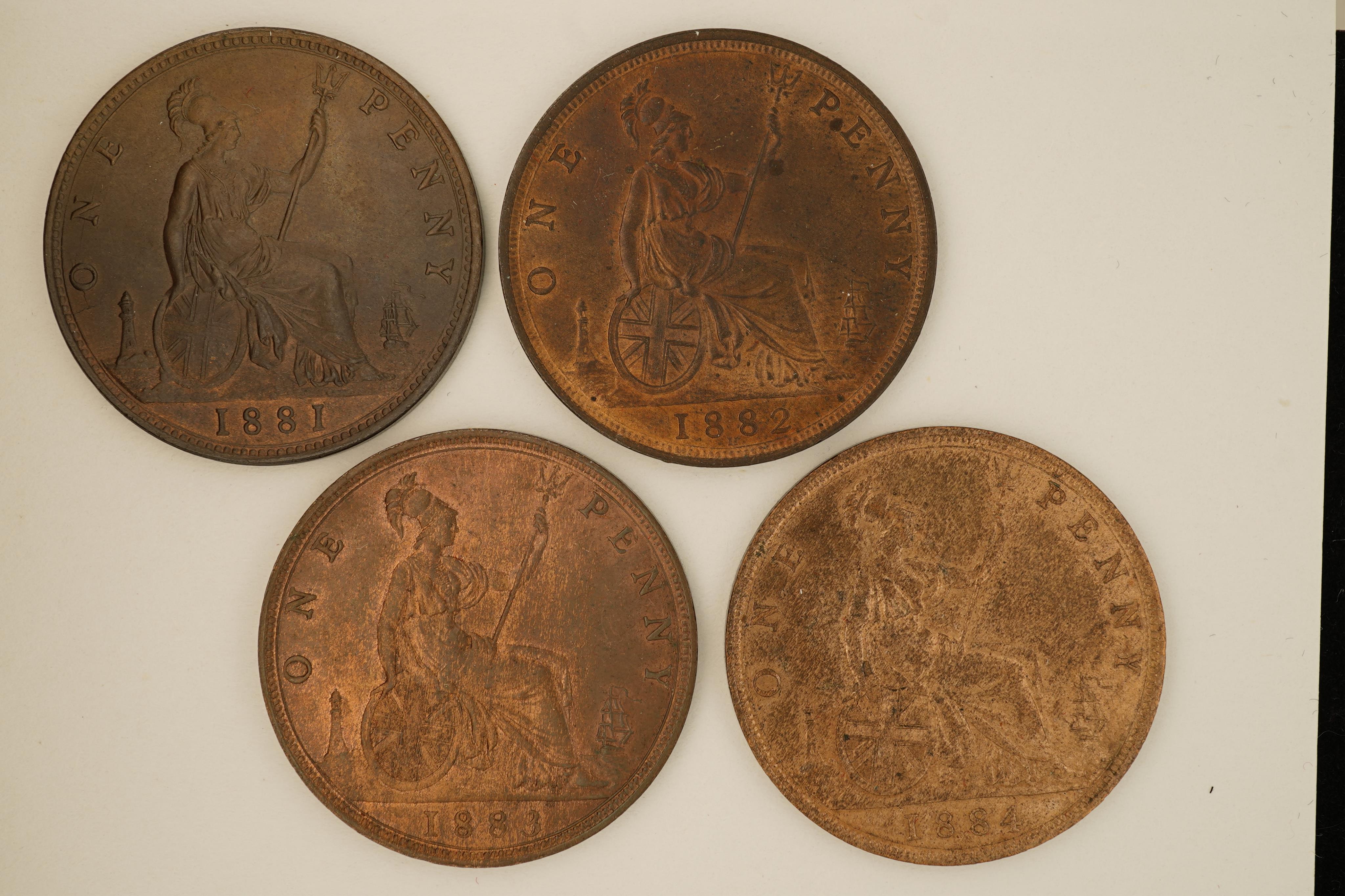 British coins, Victoria, four bronze pennies;, 1881, Fr. 102, Gouby dies M/k, light surface pitting to obv. otherwise near EF, dark toned, patches of lustre, 1882, H below date, Heaton mint, Fr. 115, Gouby dies R/r, cris
